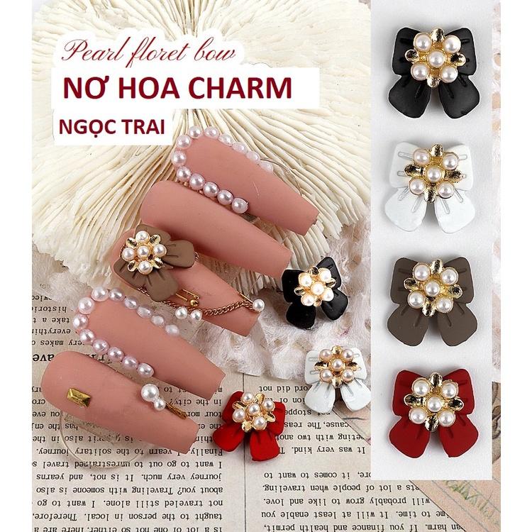 Nơ Cổ Điển Nhụy Charm Hoa Cao Cấp Trang Trí Móng