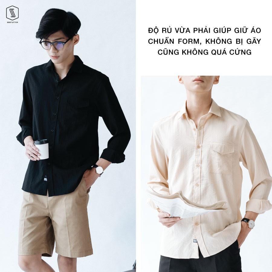 Áo sơ mi nam SSSTUTTER dài tay có túi cổ đức vải linen thoáng mát Letter Shirt