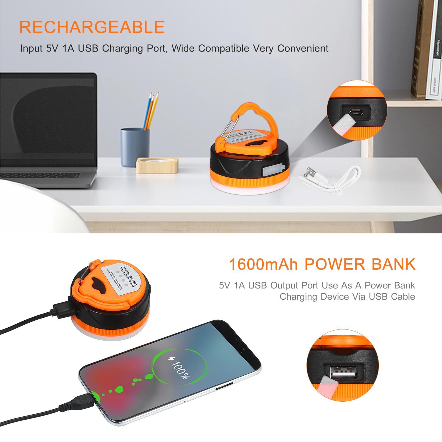Đèn led cắm trại 1600mAh, sạc USB, có móc treo