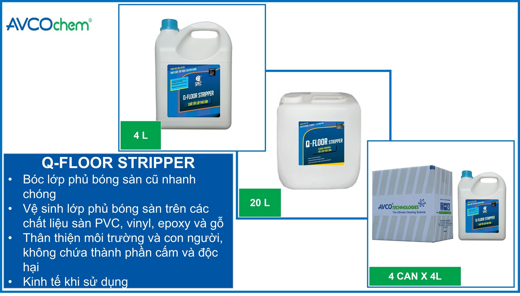 Chất Tẩy Phủ Bóng Sàn AVCOChem - Q-FLOOR STRIPPER - Siêu tiết kiệm - Thùng carton (4 x can 4 lít) - Hàng chính hãng