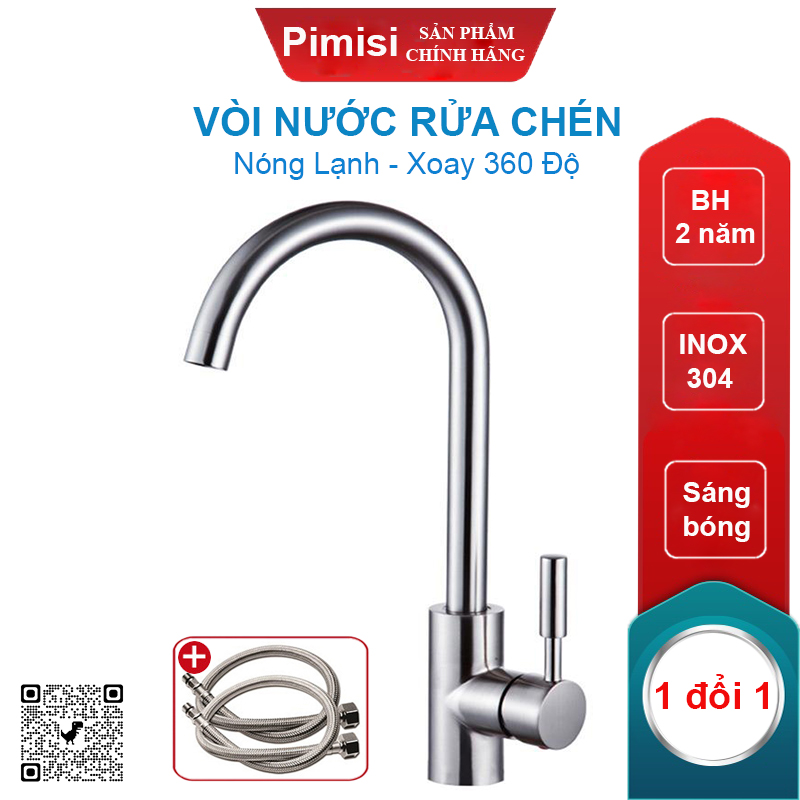 Vòi Nước Rửa Chén Nóng Lạnh Pimisi PVB-315C Inox 304 Mạ Sáng Bóng Dùng Cho Chậu Rửa Bát 1-2-3 Hố Trong Nhà Bếp, Kiểu Cổ Ngỗng, Chỉnh Nhiệt Gật Gù Gắn Bồn Rửa Âm - Dương Bàn Đá, Quay 360 Độ Tăng Áp Nhẹ, Kèm 2 Sợi Dây Cấp Nước Vòi Rửa Bát | Hàng Chính Hãng