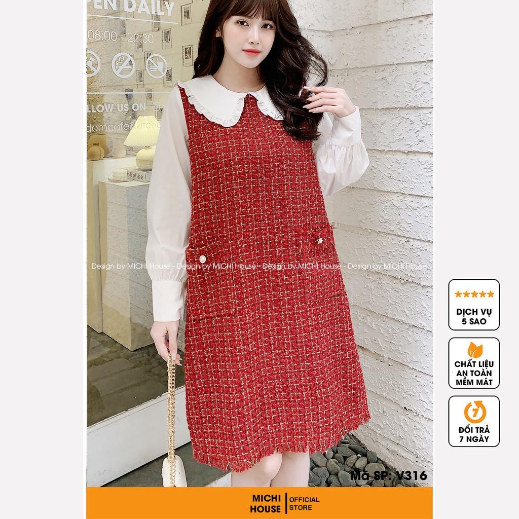 Đầm Suông Đỏ Cổ Tay Trắng Dáng Xuông Rộng Xinh MICHI House V316 Đầm Dạ Tweed Thu Đông Thiết kế Xuông Rộng Mặc Bầu Xinh