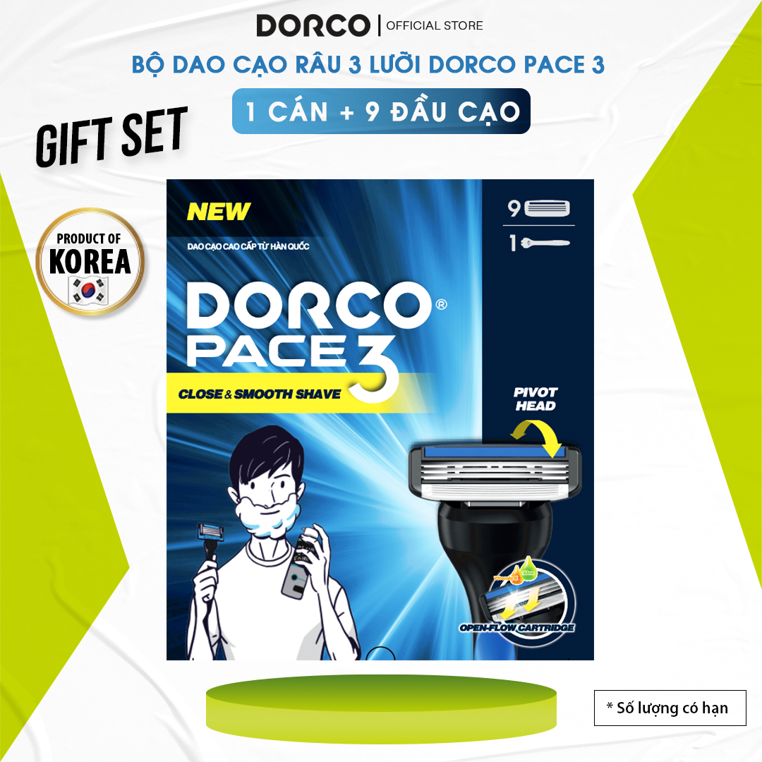 Bộ Dao Cạo Râu 3 Lưỡi Dorco Pace 3 Gồm 1 Cán 9 Đầu Cạo