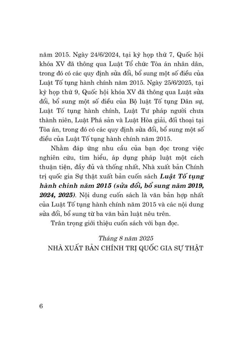 Sách - Luật Tố Tụng Hành Chính Năm 2015 (Sửa Đổi, Bổ Sung Năm 2019, 2024, 2025)
