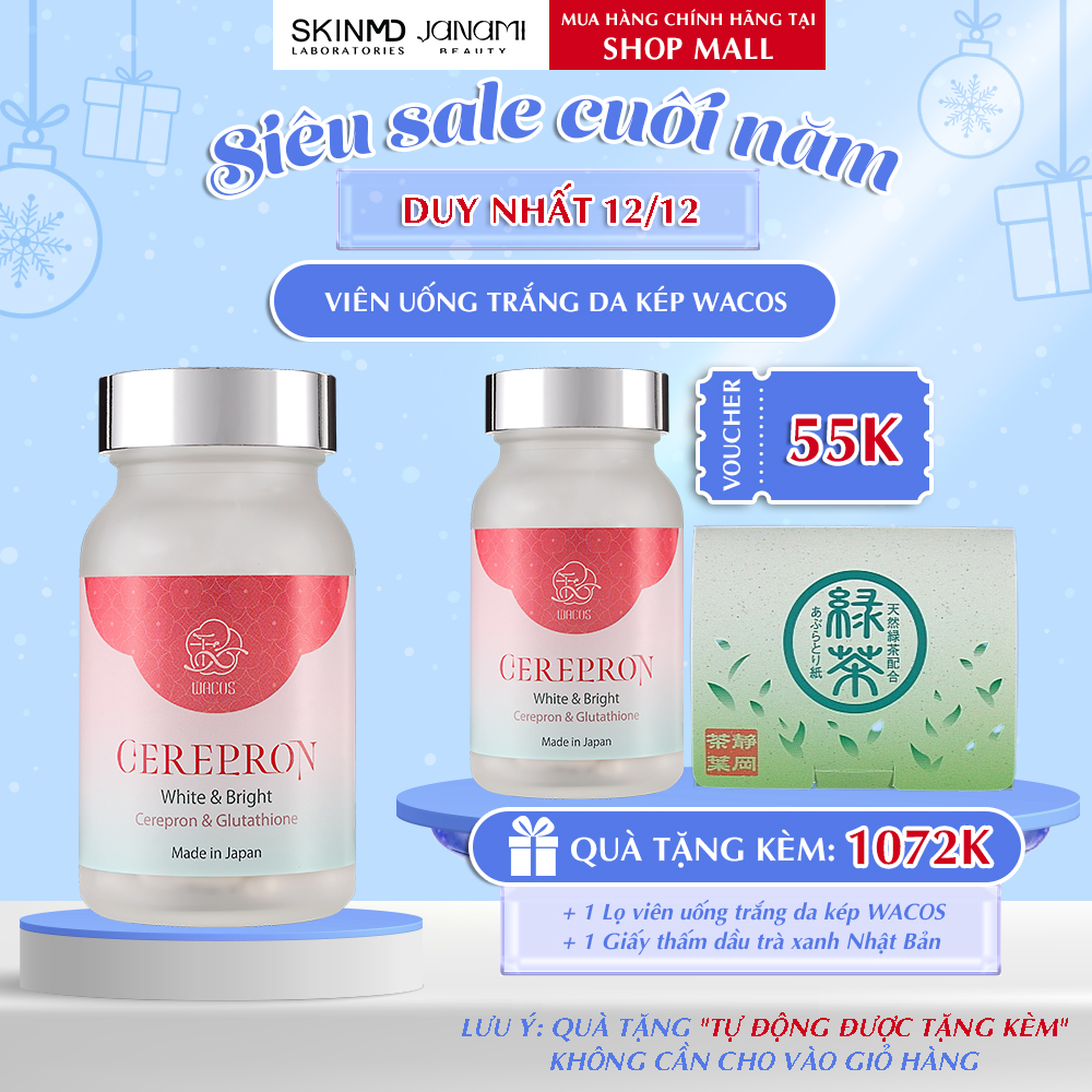 Viên uống trắng da kép WACOS CEREPRON Lọ 60 viên Làm da trắng sáng từ bên trong, mờ thâm nám, tàn nhang ngăn ngừa lão hóa, giảm nếp nhăn, chảy xệ