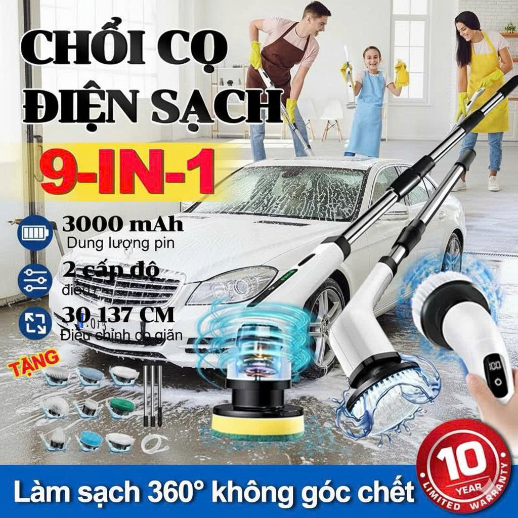 Bộ Chổi Điện MX 9in1 Siêu Bền – Rửa Ô Tô, Cọ WC, Lau Bàn Bếp, Kính Hiệu Quả