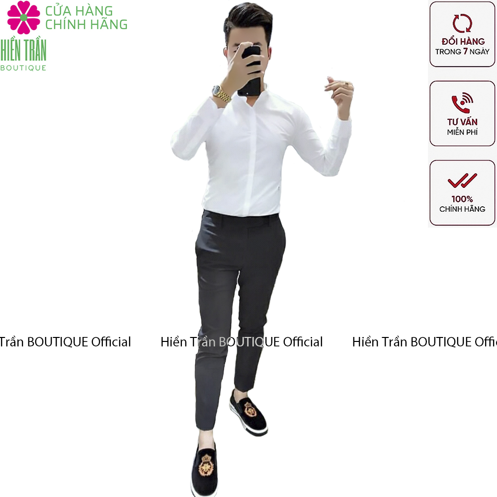 Áo sơ mi nam Hiền Trần BOUTIQUE giấu cúc vải chống nhăn, phong cách Hàn Quốc