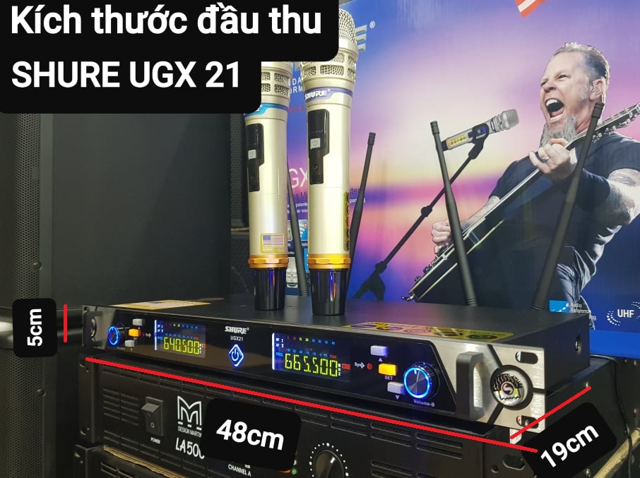 Bộ Micro không dây SHURE UGX 21: Hàng loại 1, Thu âm tốt, Sáng tiếng. Chống hú/rít, 4 râu thu sóng, Tự ngắt tiết kiệm pin, Vỉ tím