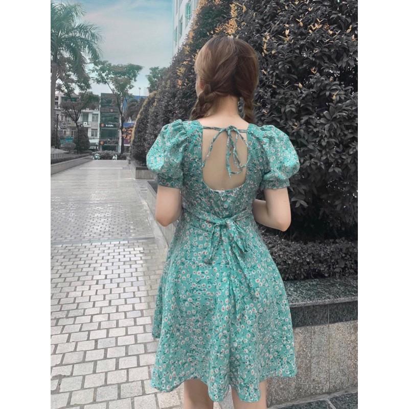 Váy Xòe Nữ Đầm Xòe Họa Tiết Hoa Ngắn Tay Cổ Vuông Sang Chảnh
