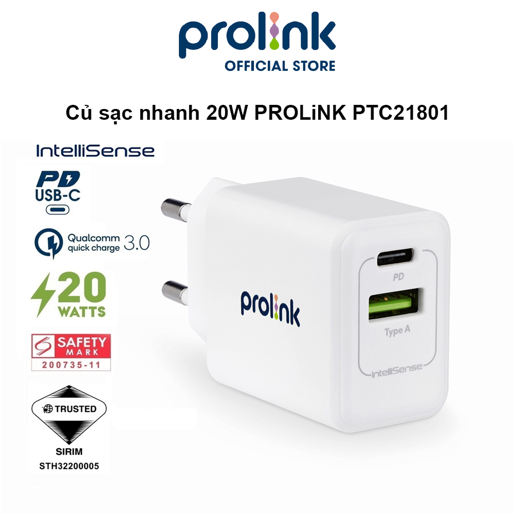 Củ sạc nhanh 20W PROLiNK PTC21801 có 2 cổng USB-A & USB-C dành cho iPhone, iPad, Samsung, Xiaomi - Hàng chính hãng