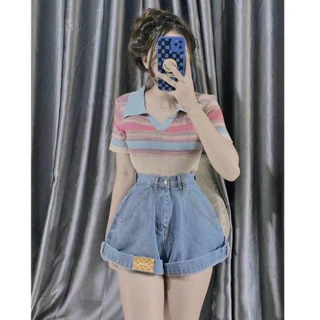 [L2M] Quần short JEANS LẬT LAI gắn NHÃN lưng cao chất liệu co giãn siêu tôn dáng phong cách cá tính