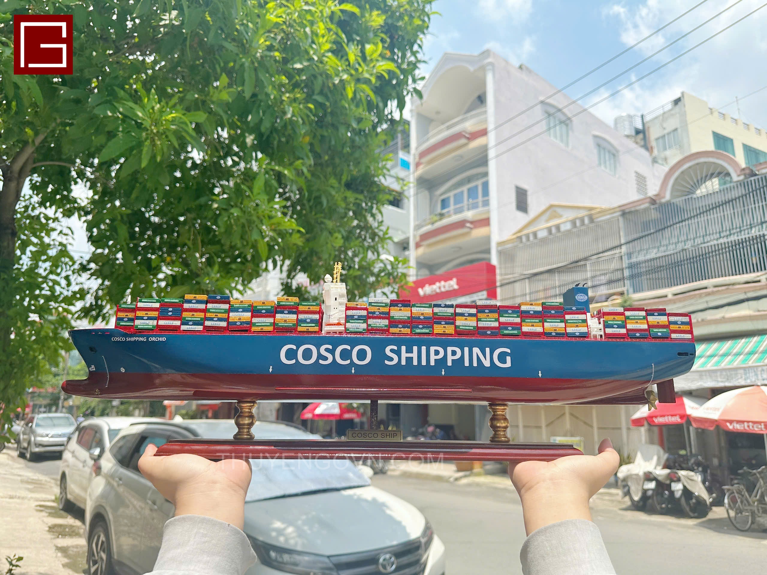 Mô Hình Thuyền Gỗ Phong Thủy Gia Nhiên, Thuyền Container Gỗ COSCO, Dài 100cm, Cao Cấp Loại 1