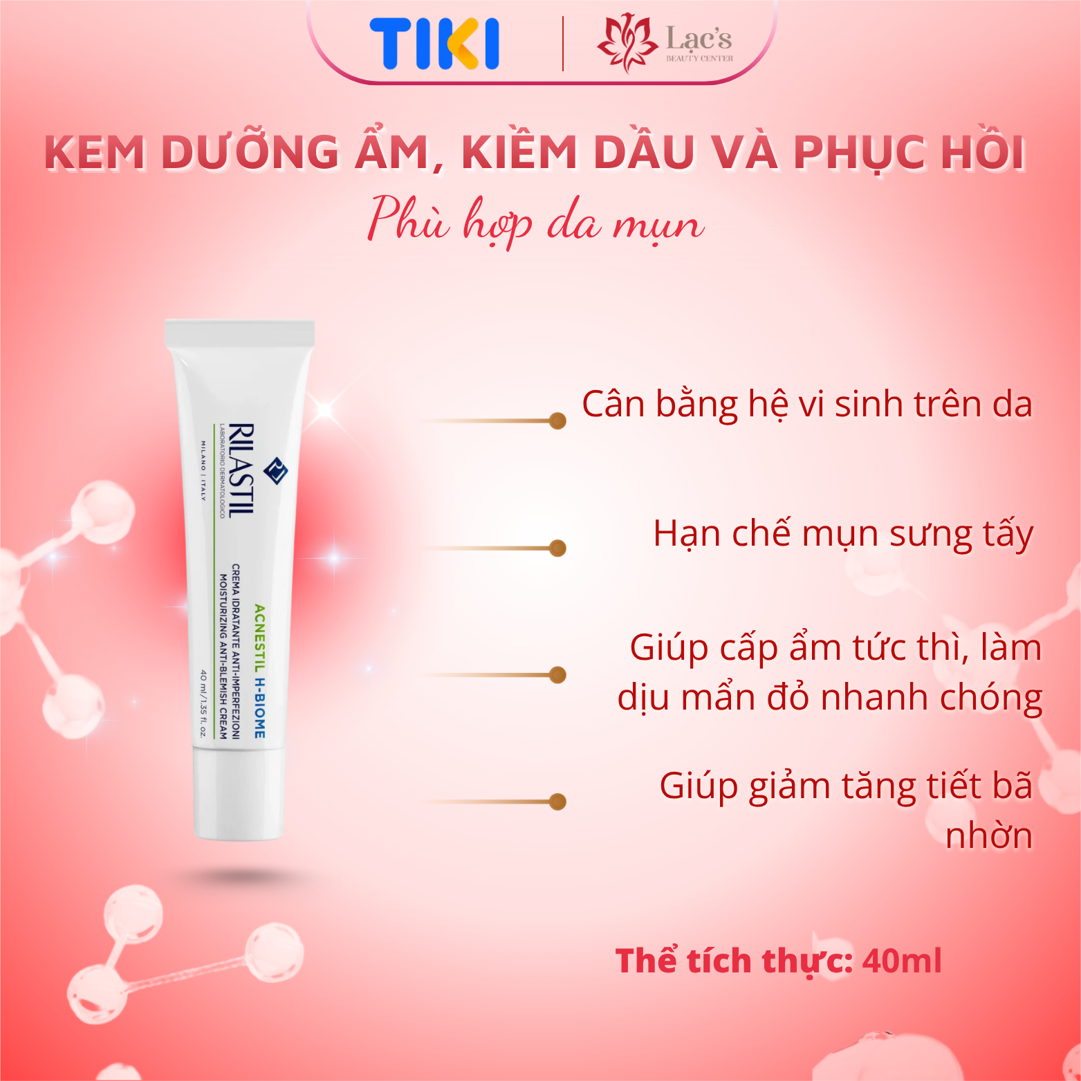 Kem dưỡng ẩm, kiềm dầu và phục hồi dành cho da dầu mụn Rilastil Acnestil H-Biome 40ml