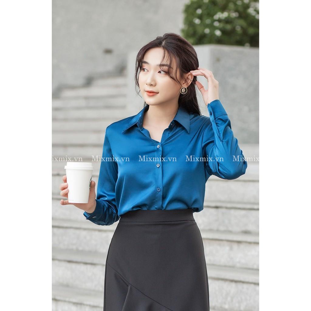 Áo sơ mi lụa basic nữ  MIXMIX -hàng thiết kế - hình chụp thật