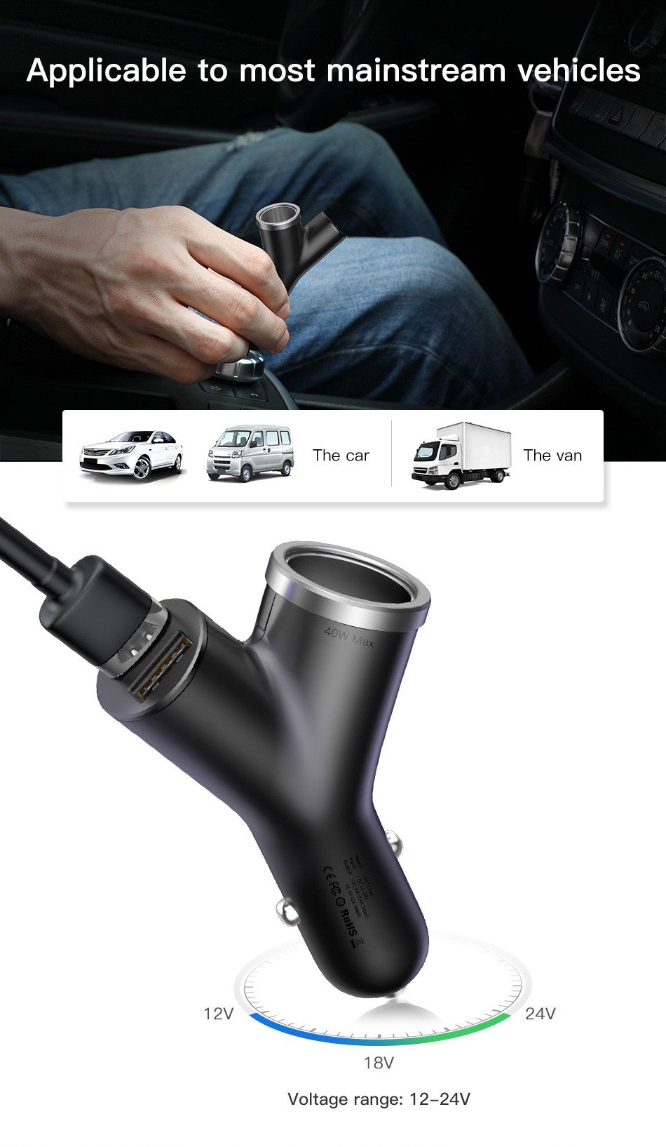 Bộ tẩu sạc mở rộng 3 trong 1 dùng cho xe hơi Baseus Y Type Dual USB (40W, 3.4A Fast Charge, Intelligent Car charger) - Hàng Chính Hãng