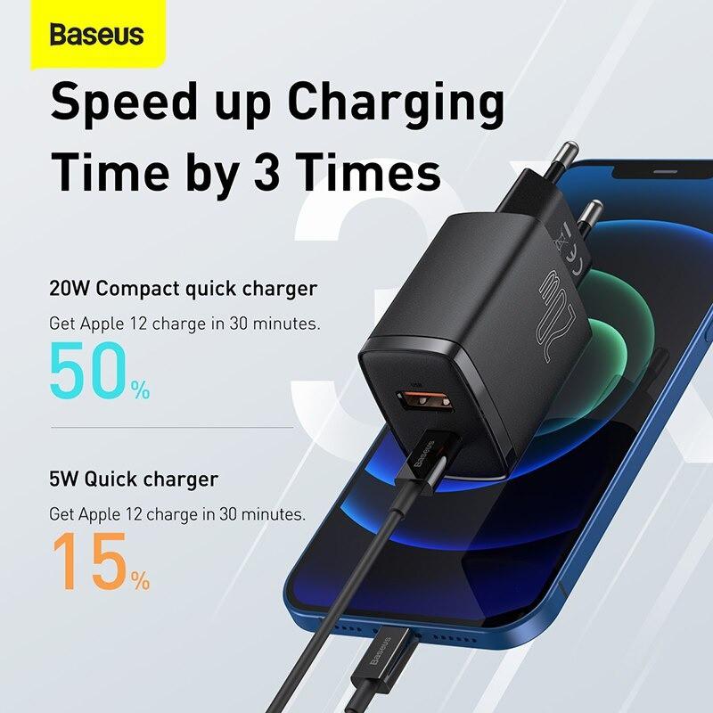 Củ sạc nhanh Baseus Compact Quick Charger ( USB + Type-c 20W CN ) -Hàng Chính Hãng