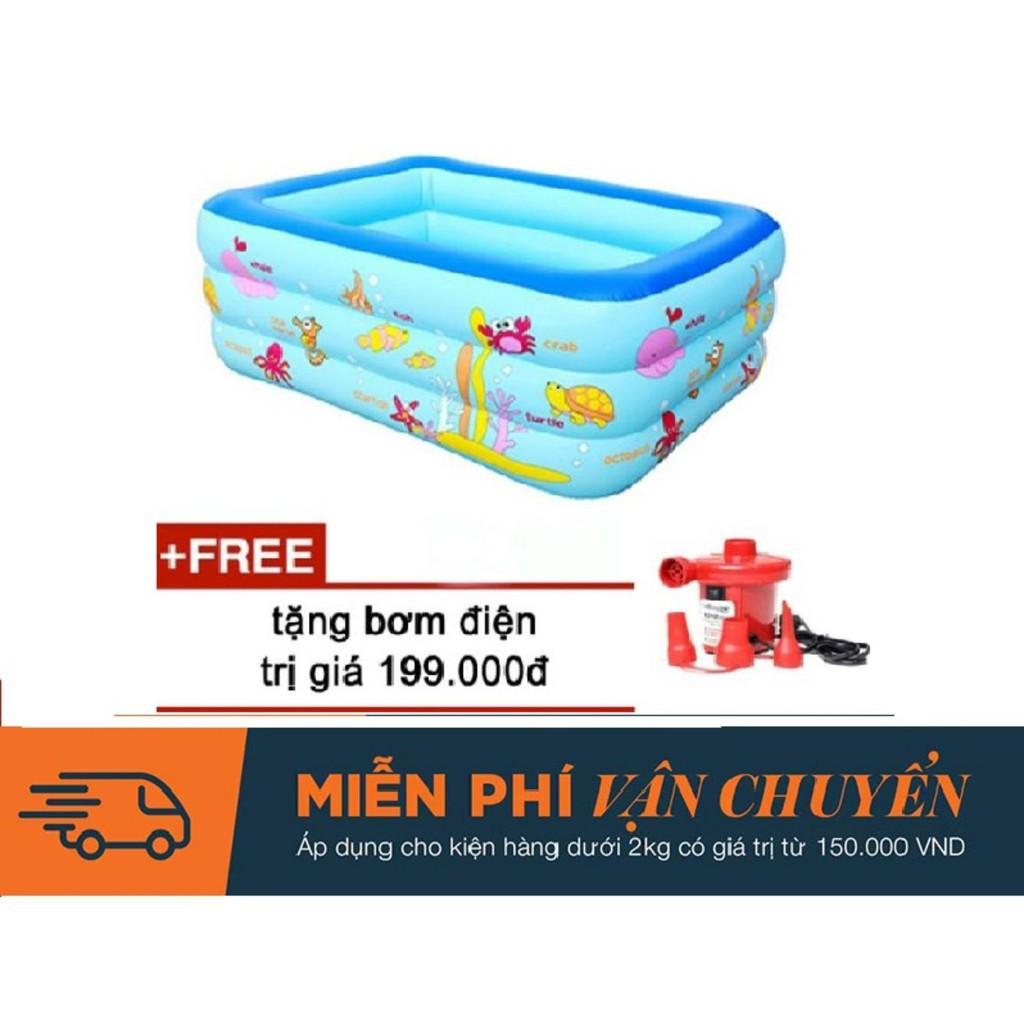 Bể bơi 3 tầng phao cho bé size 180x140x55cm kèm bơm điện đỏ 2 chiều