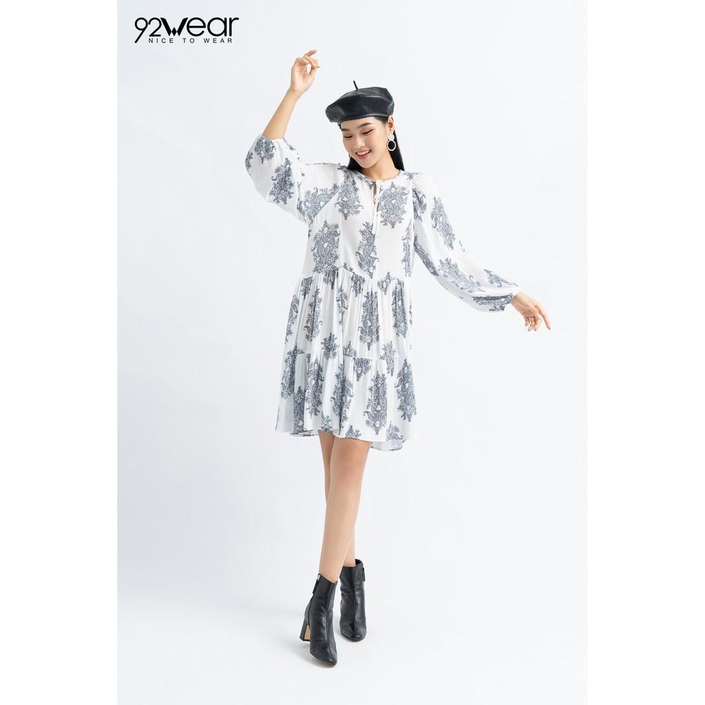 Đầm váy nữ hoa nhí 92WEAR đủ màu, đủ size, dáng xòe cổ tròn tay dài quý phái DXW0326 ! *