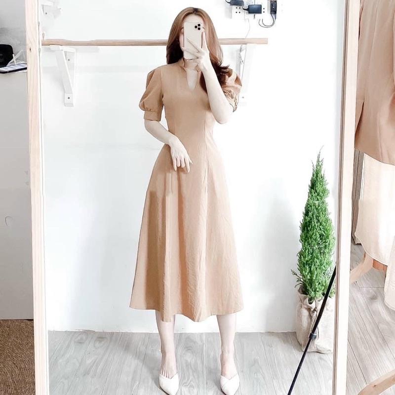 Đầm cổ trụ form dài 2 màu