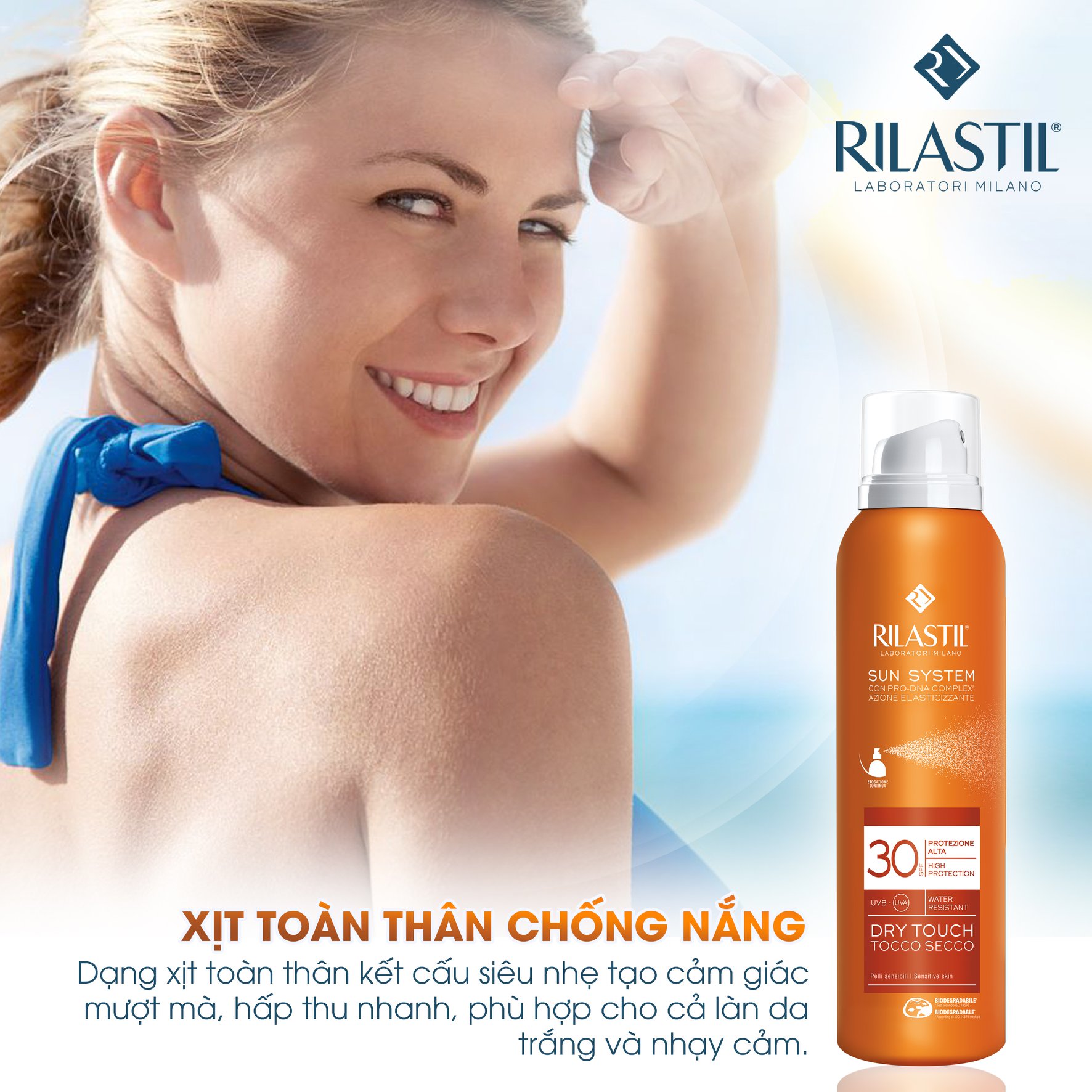 Xịt Chống Nắng Toàn Thân Cho Mọi Loại Da Rilastil Sun System Ppt Dry Touch Spf 30 Ngăn Ngừa Nám, Sạm Da, Bảo Vệ Da Tối Ưu Khỏi Tia UVA, UVB Cho Da Săn Chắc, Khỏe Mạnh (200ml)