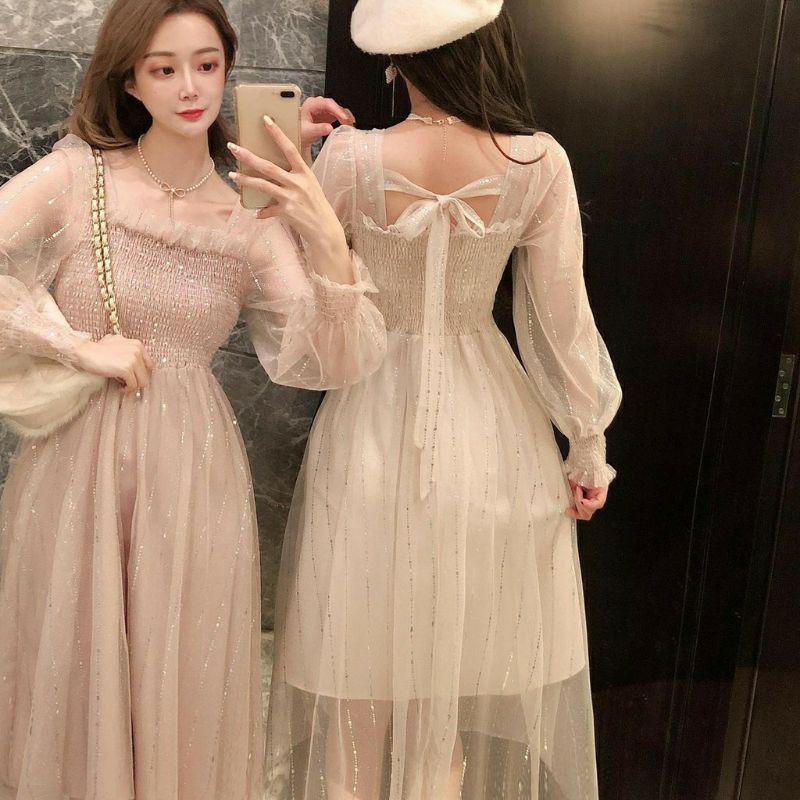 Đầm Ulzzang kim tuyến thắt nơ
