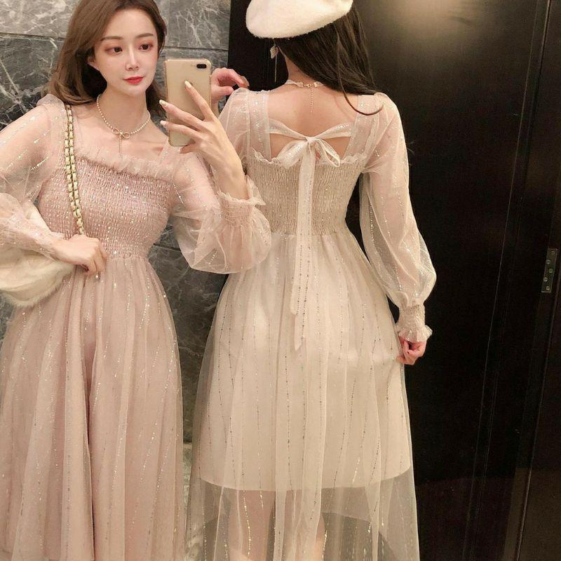 Đầm Ulzzang kim tuyến cổ vuông thắt nơ sau phong cách Pháp