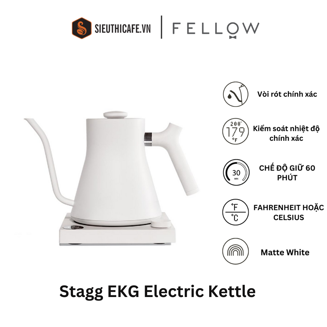Ấm rót nước điện Fellow Stagg EKG 0.9L Matte White - Stagg EKG EU, 220V, F Plug