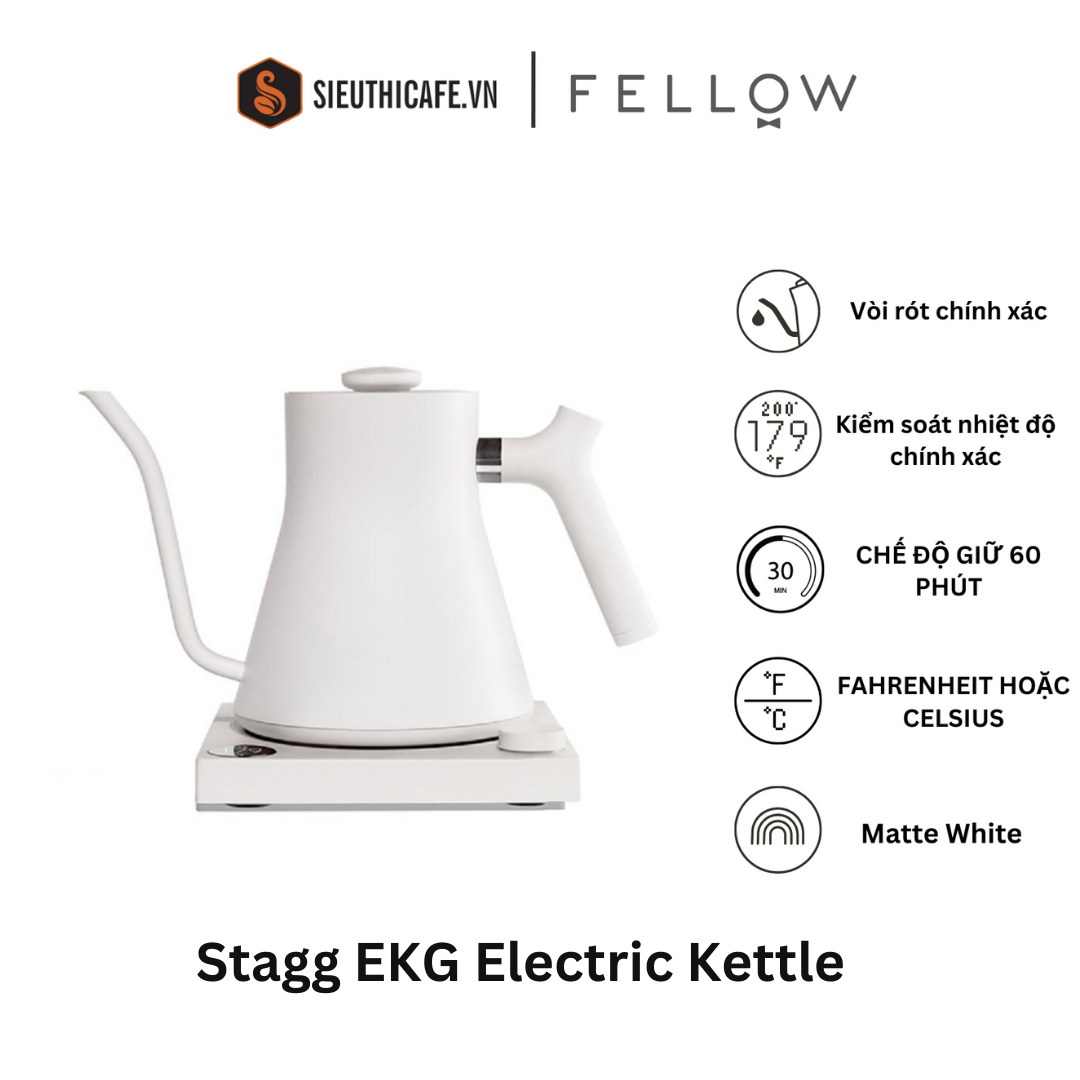 Ấm rót nước điện Fellow Stagg EKG 0.9L Matte White - Stagg EKG EU, 220V, F Plug [ Hàng chính hãng - BH 1 năm ]