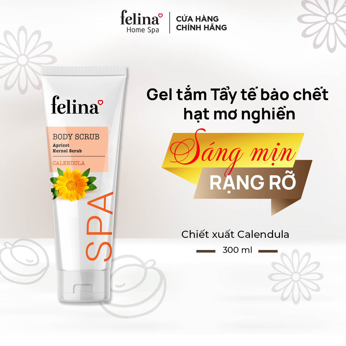 Gel tắm tẩy tế bào chết body Felina Home Spa 300ml từ hạt mơ nghiền cho da nhạy cảm