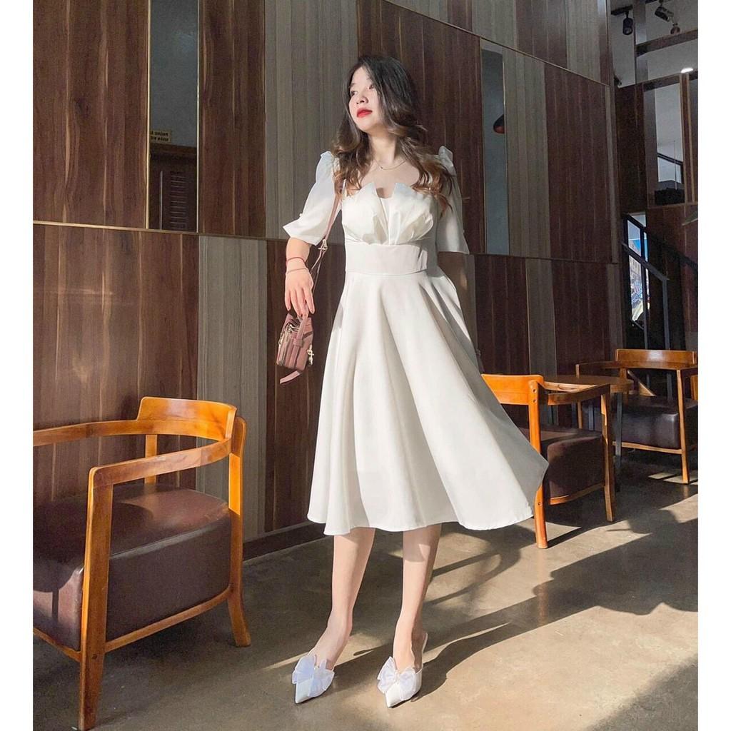 Đầm xoè xếp ly ngực tay phồng có mút ngực xinh lung linh kèm hình thật