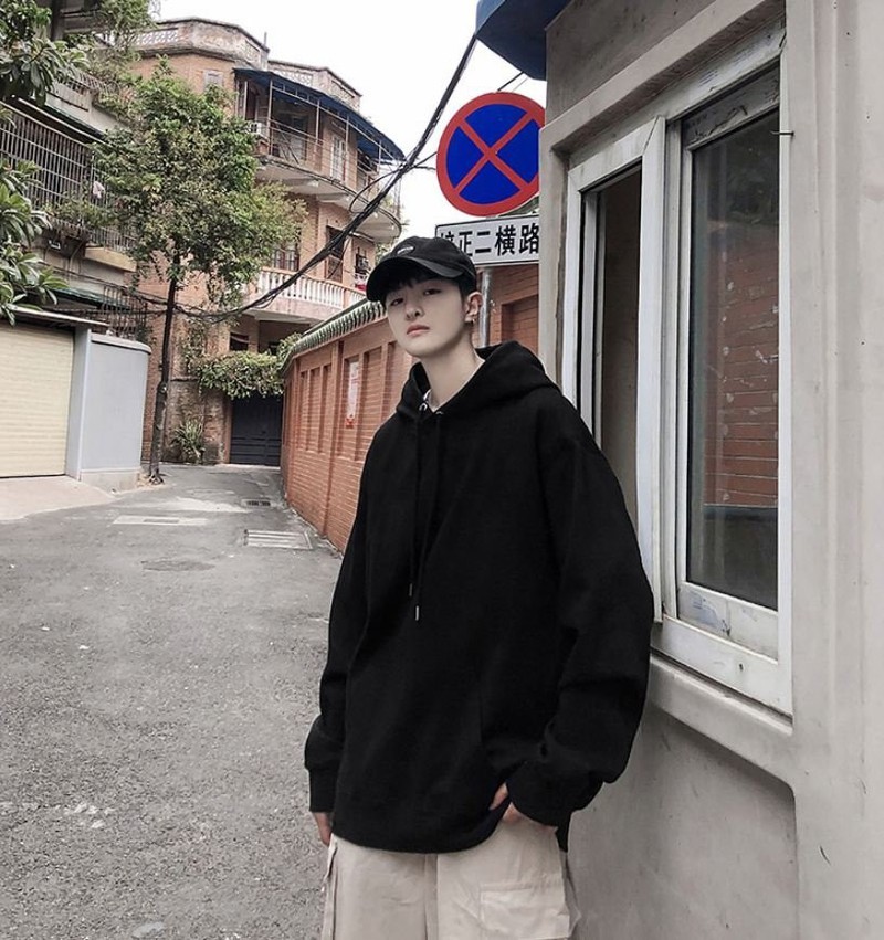 Áo hoodie basic, Áo Khoác Hoodie Trơn Có Mũ Form Rộng Tối Giản Màu Trắng
