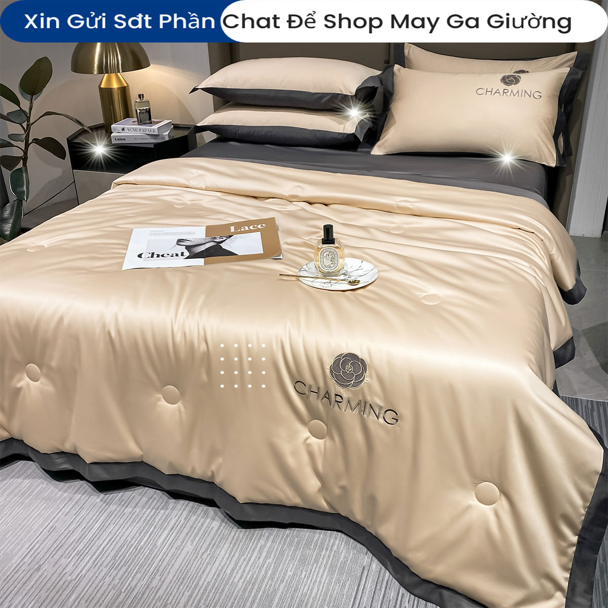 Bộ Chăn Ga Gối Đệm Phi Lụa Charming Drap Giường Phi Lụa Cao Cấp Bo Chun Drap
