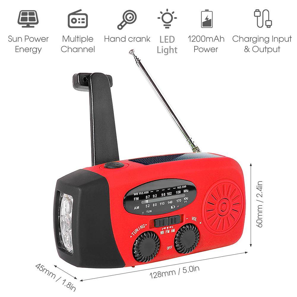 Đài phát thanh khẩn cấp Mặt trời hỗ trợ tay quay Đài cảnh báo thời tiết FM / AM với chức năng dự trữ năng lượng ánh sáng LED