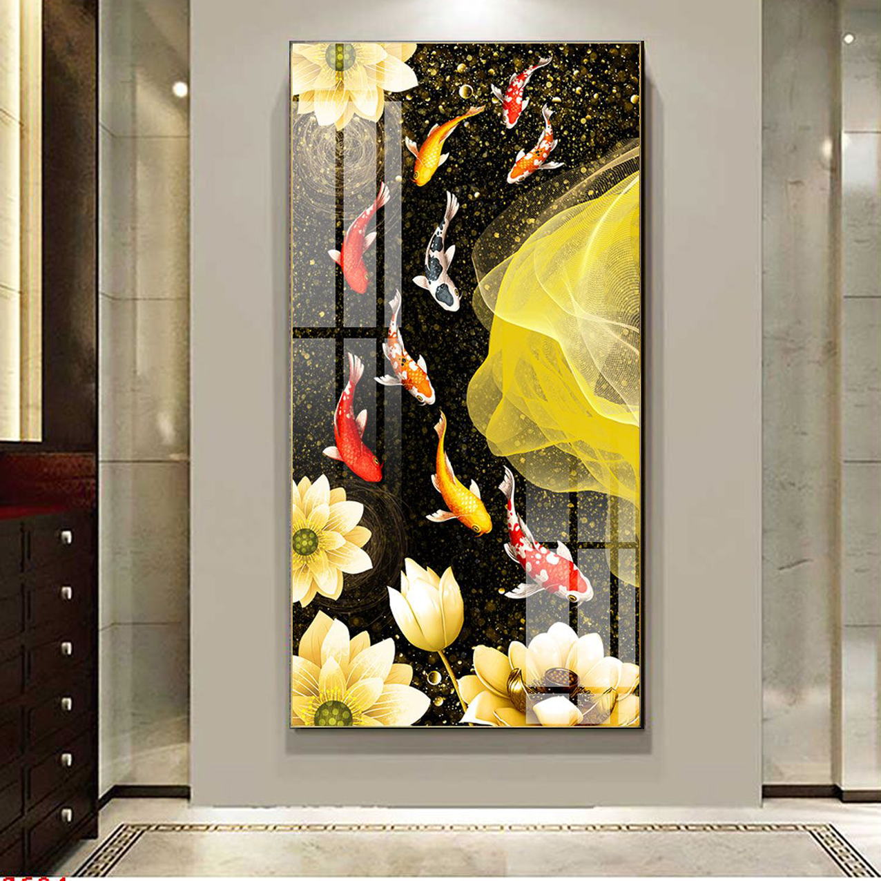 Khung Tranh Đơn Trang Trí Cao Cấp - Tranh Canvas Chín Con Cá Chép Bên Hoa Sen