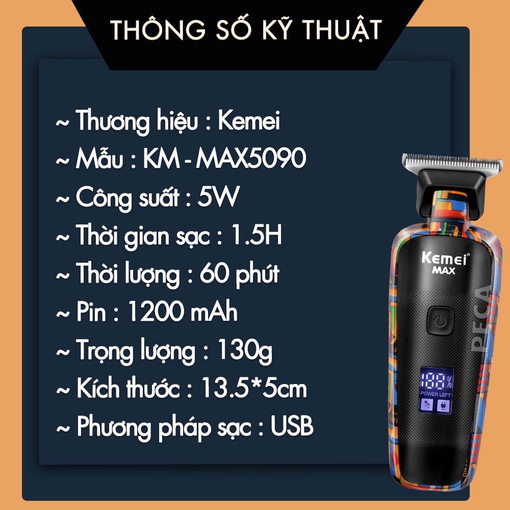 Tông đơ chấn viền cao cấp Kemei KM-MAX5090 phiên bản trend màn hình LCD hiển thị sạc nhanh USB có thể cắt tóc, cạo đầu, fade trắng chân tóc, bấm viền