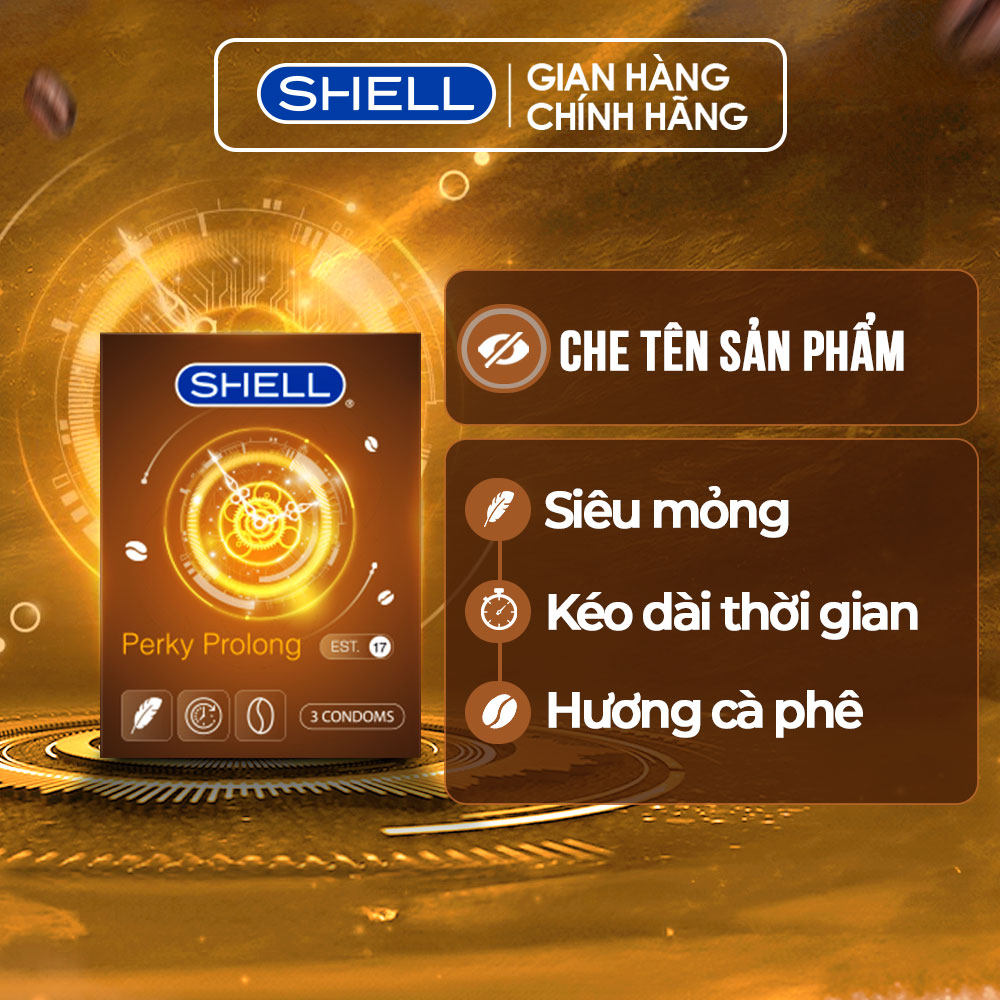 Bao cao su Shell Perky Prolong kéo dài thời gian, hương cà phê - Hộp 3 cái | SHELL CHÍNH HÃNG