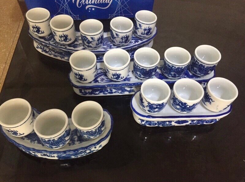 Bộ thờ nước bằng sứ rồng xanh lam BH1037