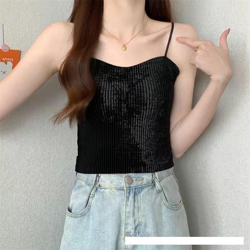 Áo Bra 2 dây NHUNG TĂM LẤP LÁNH, áo dáng lửng có đệmngực, quai có thể điều chỉnh có nhiều màu để chọn lựa, Nữ Women Top Cotton