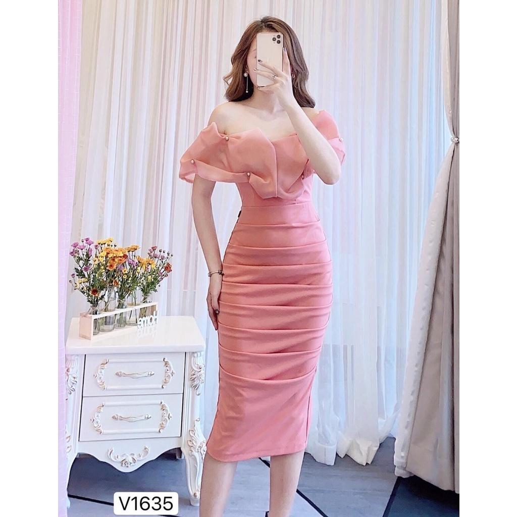 Đầm nữ body phối voan xếp ly kết cườm quý cô dạ tiệc sang chảnh với 2 màu sắc .