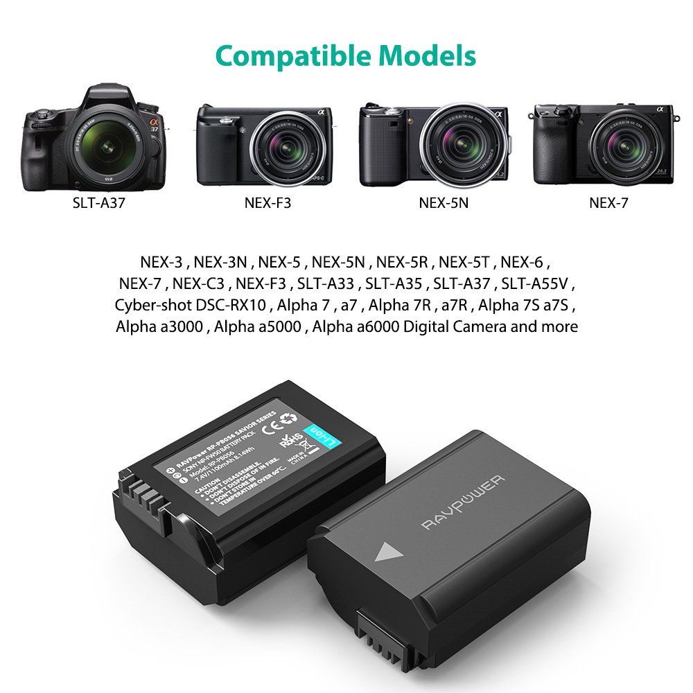 Bộ 2 Pin Và Sạc Kép RAVPower Cho Sony FW50 A6000 A6300 A6400 A6500 A6600 A7II A7SII A7RII A7 Nex - Hàng Nhập Khẩu