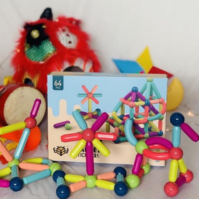 Đồ chơi Que từ tính tròn lắp ráp xếp hình khối nam châm MAGNETIC STICKS 64 chi tiết