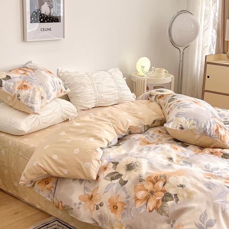 Bộ Chăn Ga Gối Cotton Living 100%cotton Hàng Nhập Khẩu Cao Cấp 4 Món Hoa Nâu