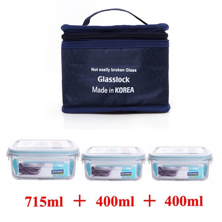 Bộ túi giữ nhiệt, hộp thủy tinh GLASSLOCK 400ml + 400ml + 695ml