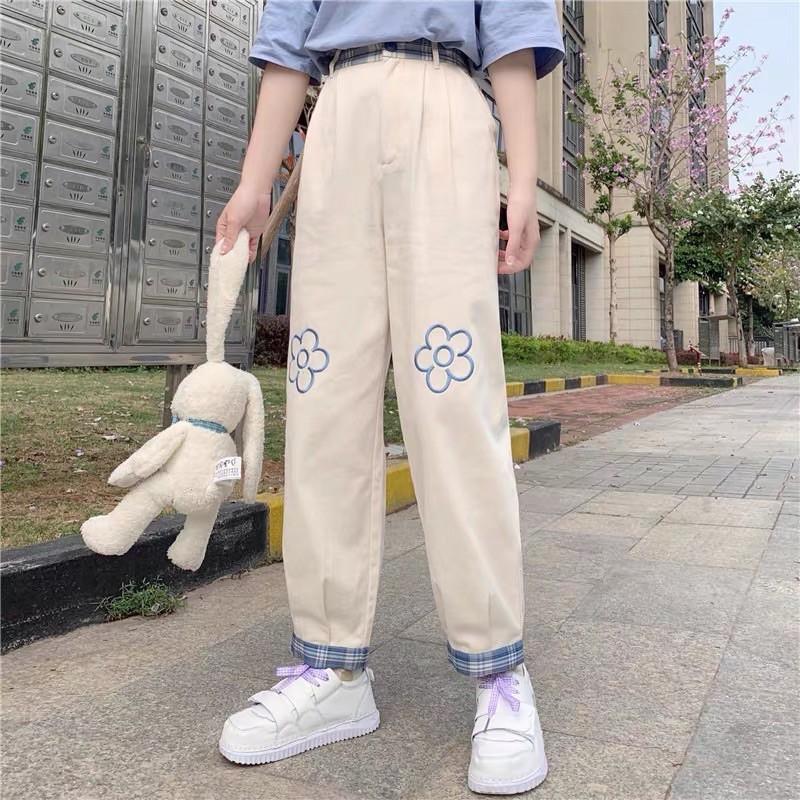 Quần Baggy Kaki Ống Suông Ulzzang Unisex - Thêu Bông Hoa