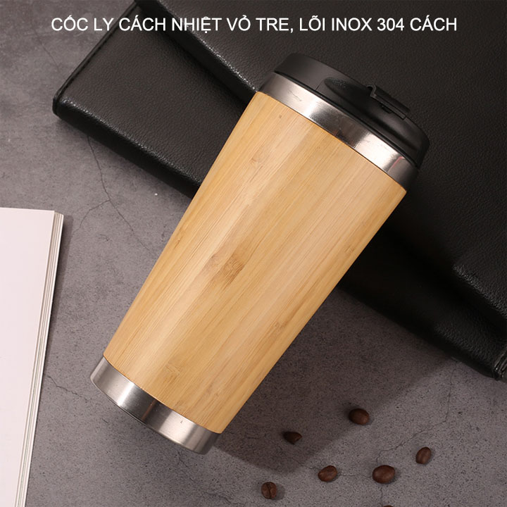 Cốc uống trà, cà phê vỏ tre 450ml, lõi inox 304, nắp bật
