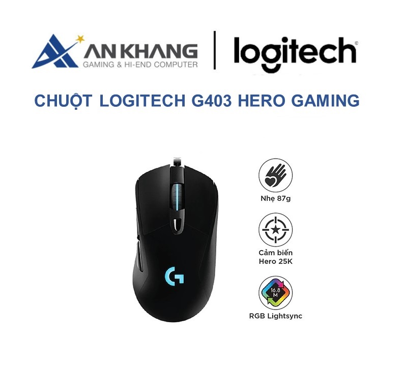 Chuột gaming có dây RGB Logitech G403 Hero màu đen (910-005634) - cảm biến 25k, công thái học, nhẹ 87g, 6 nút lập trình - Hàng Chính Hãng