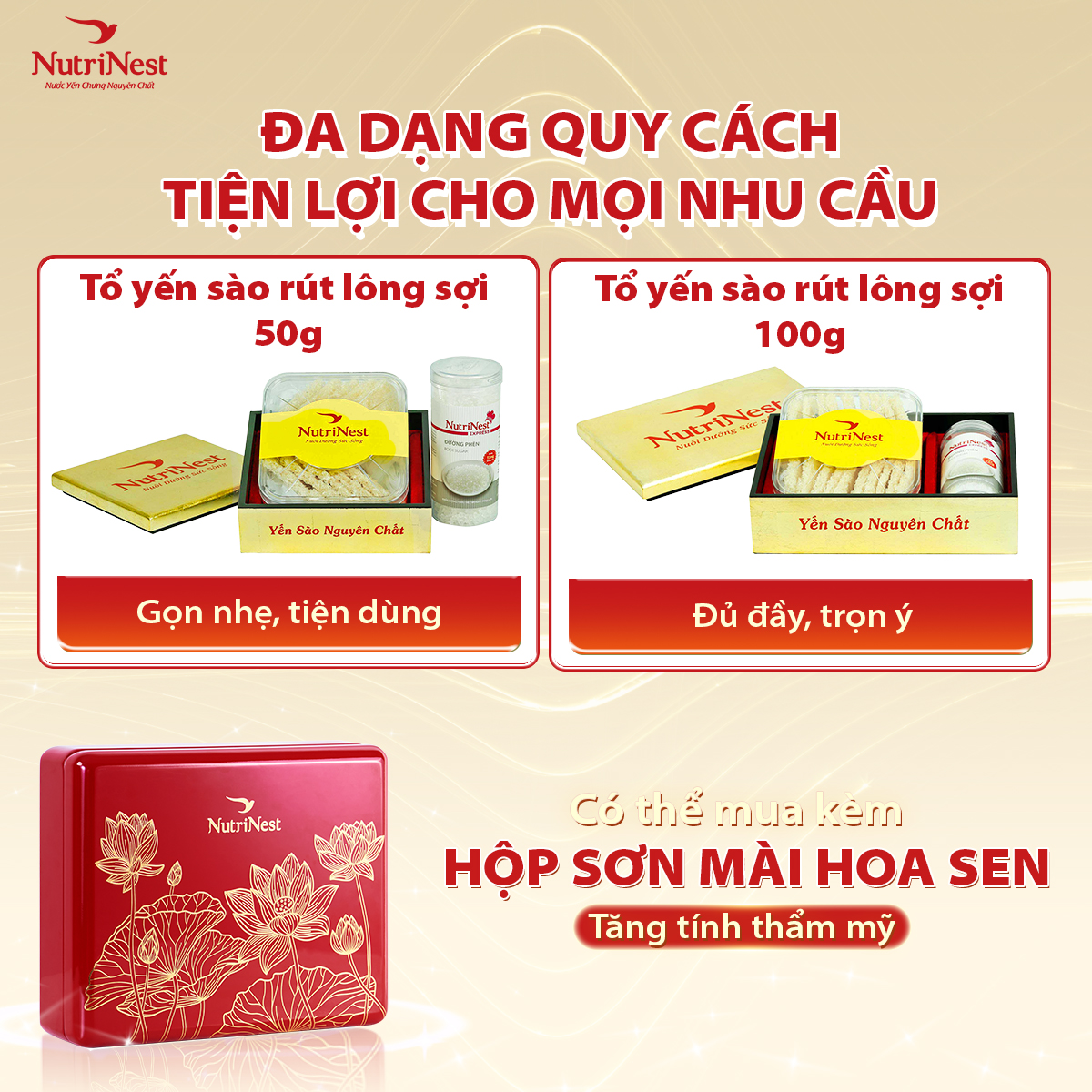 Tổ Yến Sào Rút Lông Sợi NutriNest Tiện Dụng Chưng Nhanh 50g - Kèm Đường Phèn - Hộp Sơn Mài Vàng