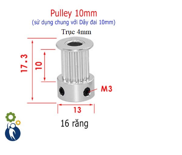 Buly, Puly, Pulley Trục 4mm - 16 Răng Đai 10, sử dụng với dây đai 2GT-10mm