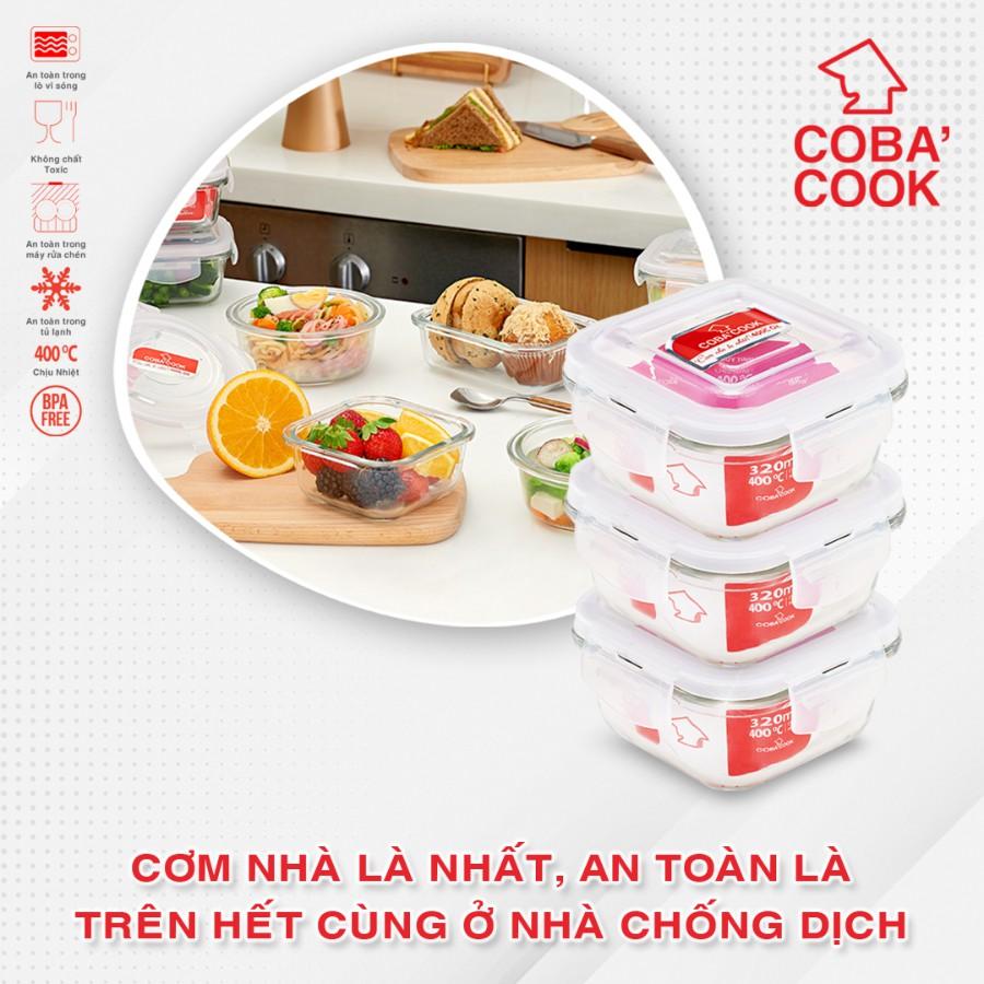 Hộp thủy tinh hộp đựng cơm trữ thức ăn chịu nhiệt COBA'COOK hộp vuông 520ml- CBHS520