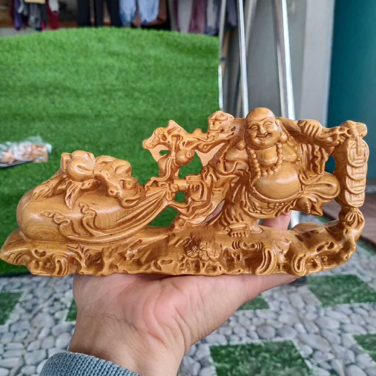 Tượng Phật Di Lặc Kéo Bao Để Trên Xe Ô Tô Nơi Làm Việc - Gỗ Bách Xanh